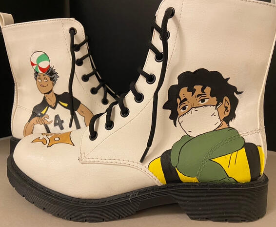 Painted Doc Martins with Sakusa and Bokuto from Haikyuu on them